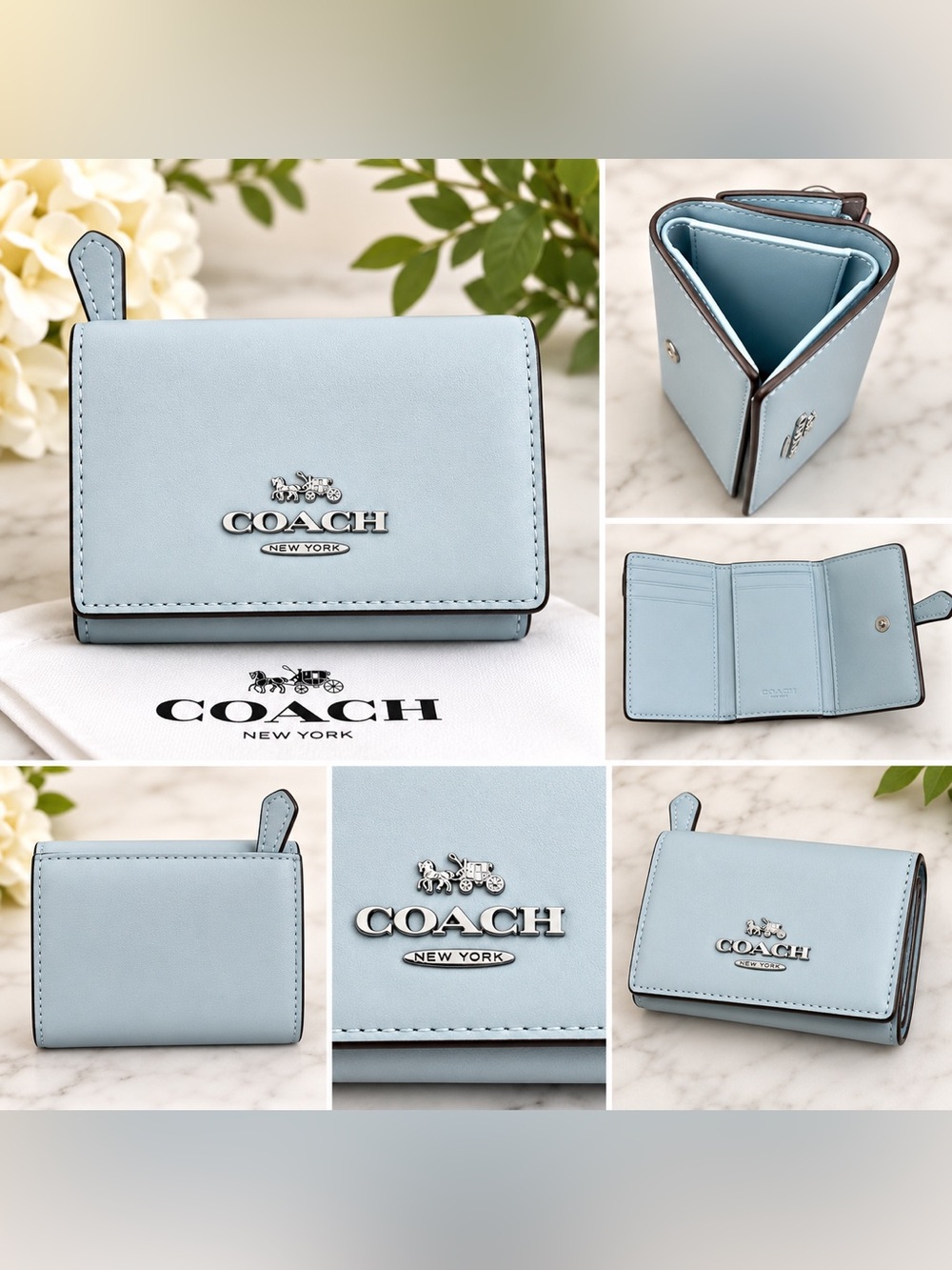 Never Used Coach Light Blue Trifold Card Wallet with Silver Logo